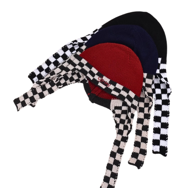 Patchwork Knit Lattice Long-Earflap Beanies We 2410-06 (1)