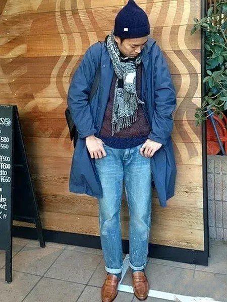 Синяя шапка Indigo Blue + пальто + джинсовые брюки