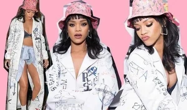 Rihanna portait un chapeau de pêcheur rose.