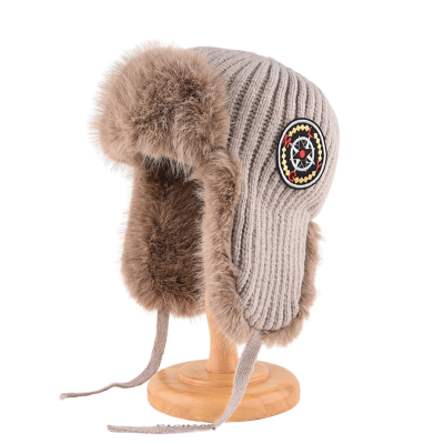 Embroidered Patch Faux Fur Knit Earflap Beanies We2410-03 (4) Embroidered Patch Faux Fur Knit Earflap Beanies We2410-03 (4)