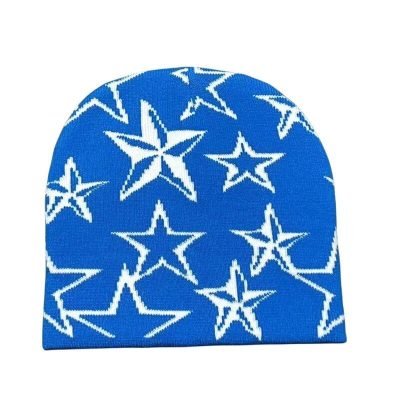 beanie4 Custom Cuffless Custom Acrylic Jacquard Logo Star Beanie For Sports