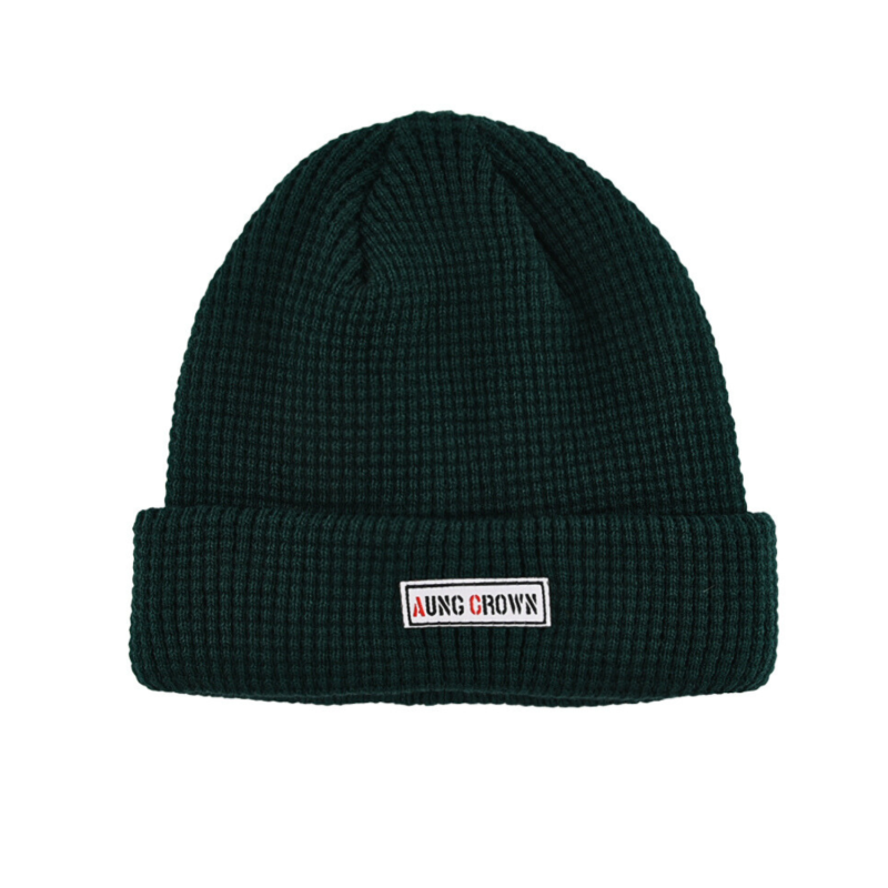 Berretti con risvolto in maglia waffle verde scuro KN2103121