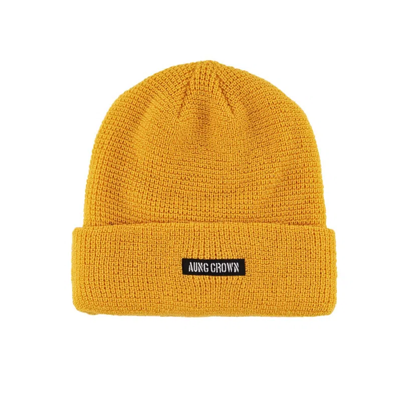 Yellow Waffle Knit Woven Label Cuffed Beanies KN2103121