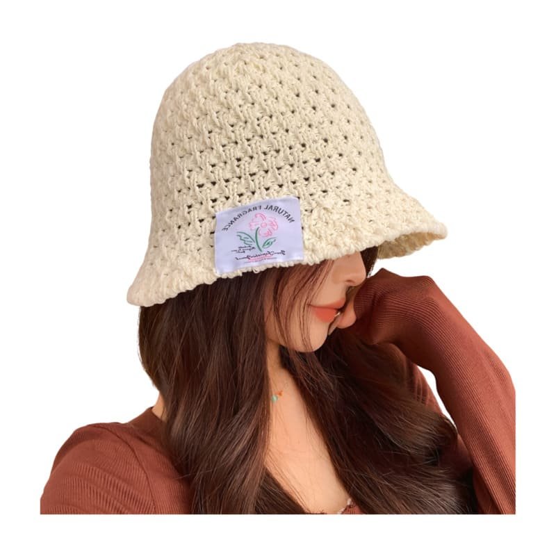 Cappello da pescatore in maglia con logo personalizzato e etichetta tessuta per donna, modello estivo