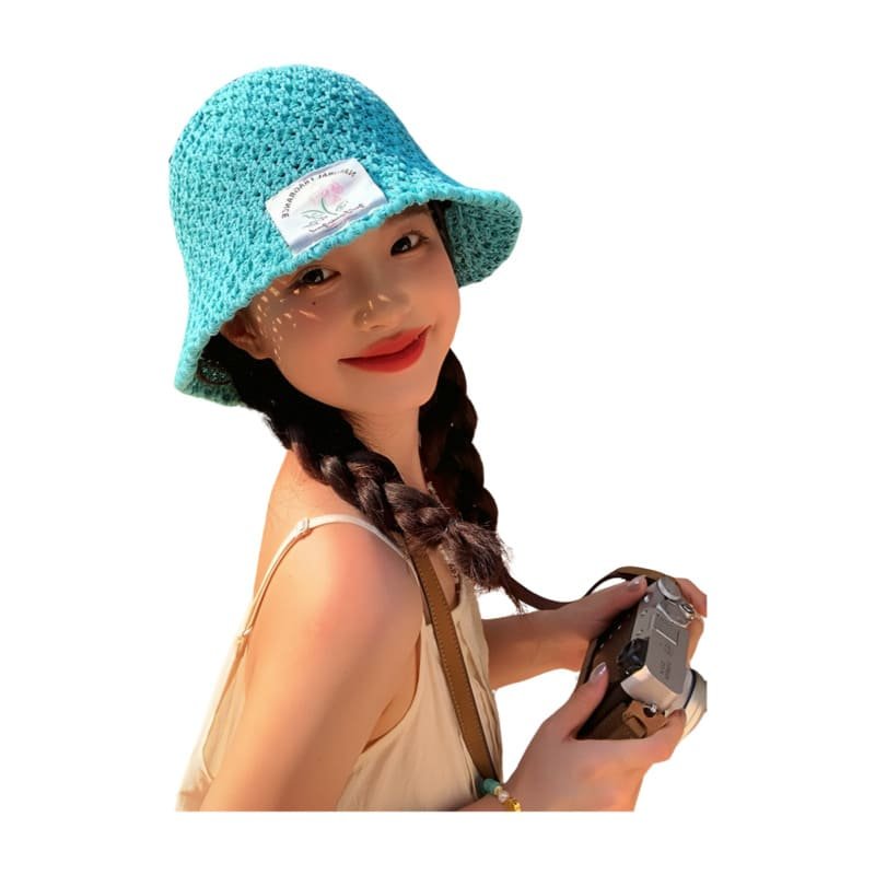Cappello da pescatore in maglia con logo personalizzato e etichetta tessuta per donna, modello estivo