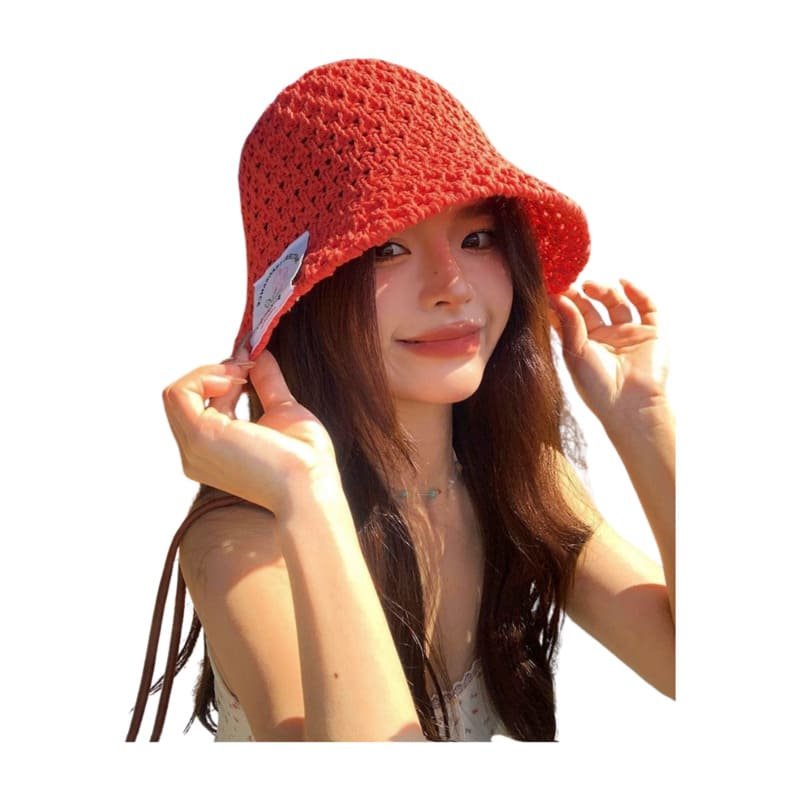 Cappello da pescatore in maglia con logo personalizzato e etichetta tessuta per donna, modello estivo