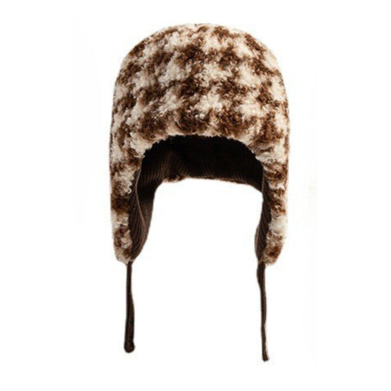 Cappelli invernali reversibili marroni con paraorecchie e motivo pied-de-poule Wbeh2410-01, lato anteriore