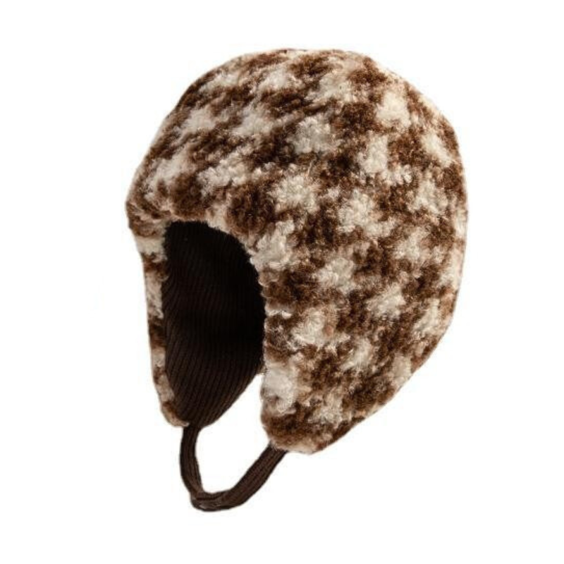 Cappelli invernali reversibili marroni con paraorecchie e motivo pied-de-poule Wbeh2410-01, immagine principale