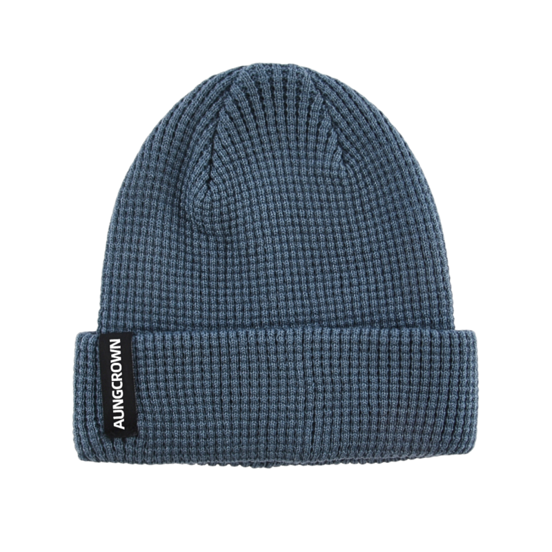 Bonnet à revers en tricot gaufré uni bleu grisâtre personnalisé PB-FB0036
