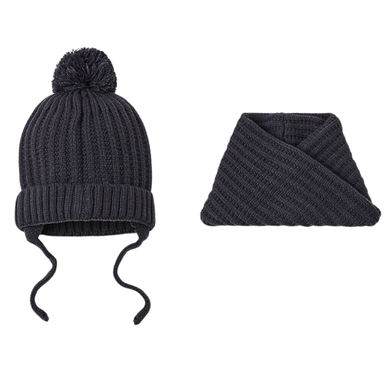 Set invernale blu navy per bambini composto da berretto con pompon + sciarpa Wk2410-014