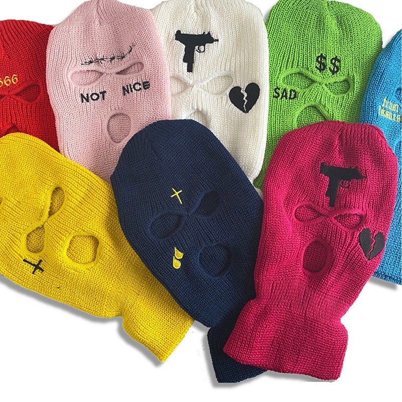 Masque de ski multifonctionnel en tricot acrylique brodé à trois trous