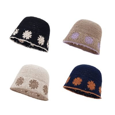 buckethat Women's Polyester Trendy Flower Korean Style Retro Casual Knitted Fisherman Hat