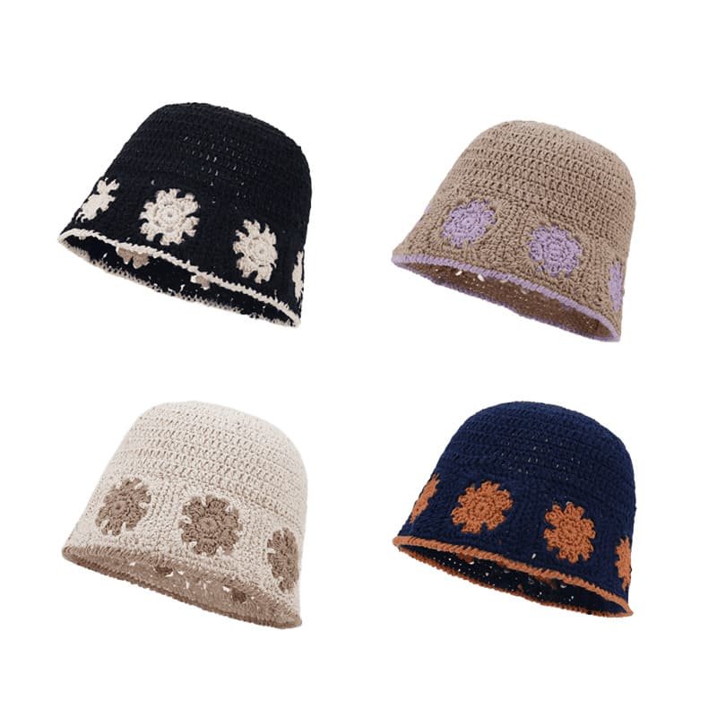 Cappello da pescatore casual retrò in maglia stile coreano con fiori alla moda in poliestere da donna