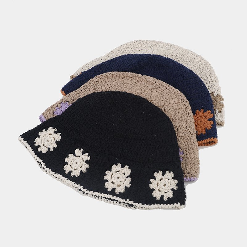 Cappello da pescatore casual retrò in maglia stile coreano con fiori alla moda in poliestere da donna