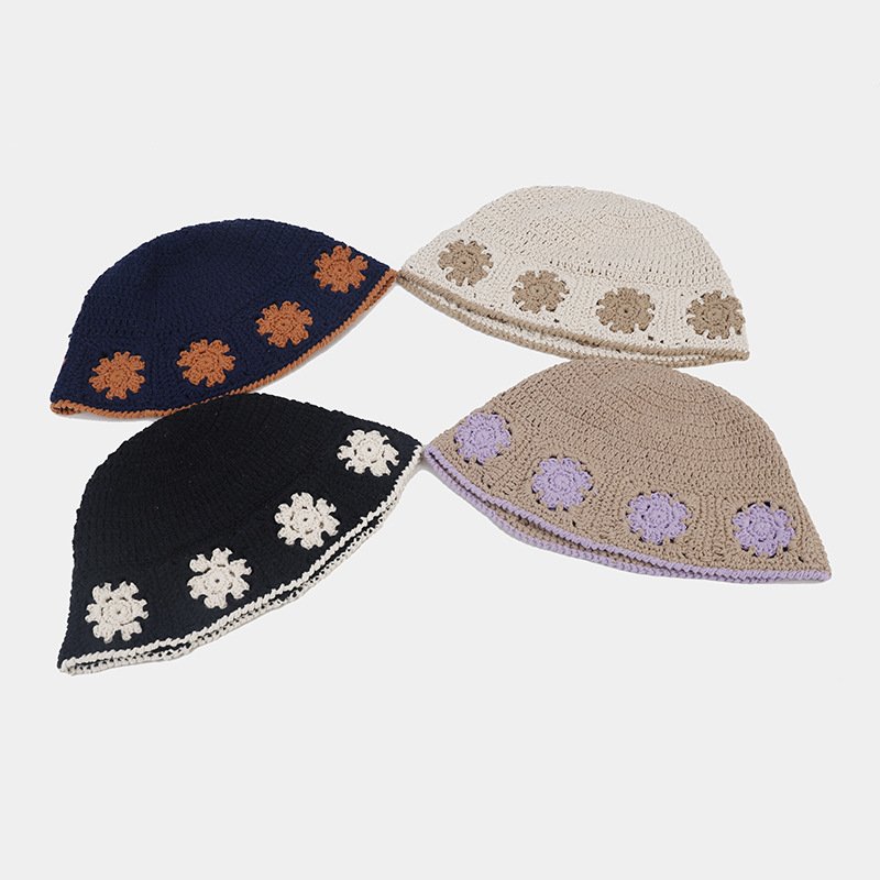 Cappello da pescatore casual retrò in maglia stile coreano con fiori alla moda in poliestere da donna