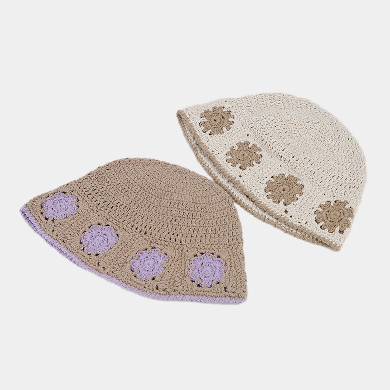 Cappello da pescatore casual retrò in maglia stile coreano con fiori alla moda in poliestere da donna