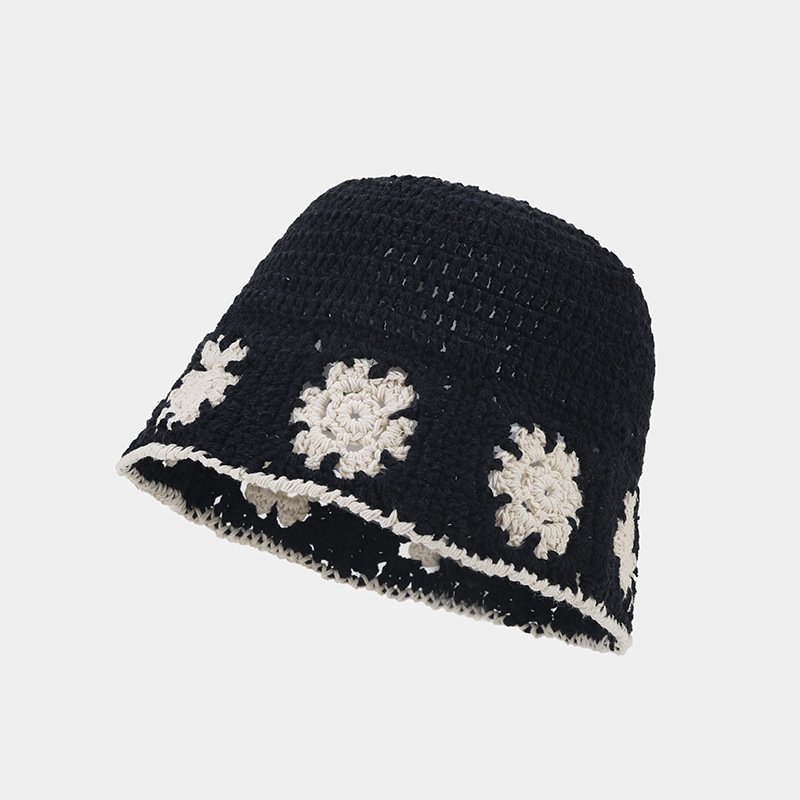Cappello da pescatore casual retrò in maglia stile coreano con fiori alla moda in poliestere da donna