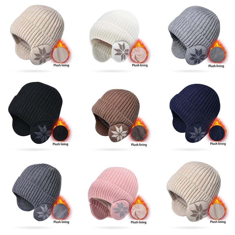 Winterliche, dick gefütterte Plüsch-Strickmütze mit Ohrenklappen und Ohrenschützern
