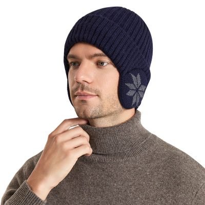 earflap5 Winter Thickened Plush Lining Ribbed Knitted Beanie With Earflap Earmuff