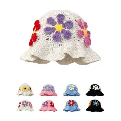 knitb Wool Knitted Commission Patch Colorful Flower Crochet Bucket Hat
