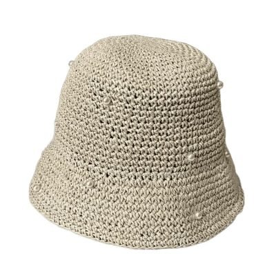 sbusket3 Trendy Polyester Foldable Knitted Crochet Sun Hat With Pearls for Women