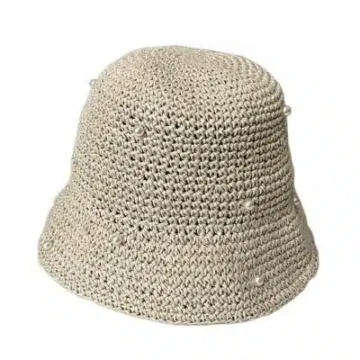 sbusket3 Trendy Polyester Foldable Knitted Crochet Sun Hat With Pearls for Women