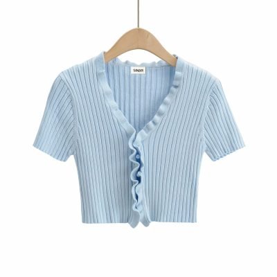 short5 Women's Short Sleeve Anti-wrinkle Polyester Knitted Cardigan Sweater