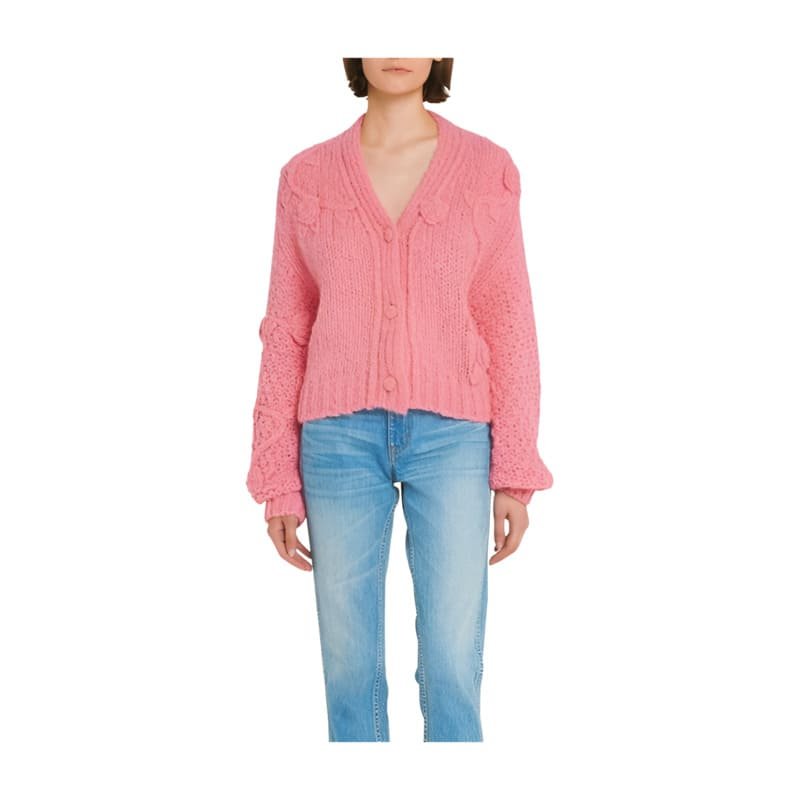 Women's Cashmere Pink Cardigan Long Sleeve Knitted Loose Sweater