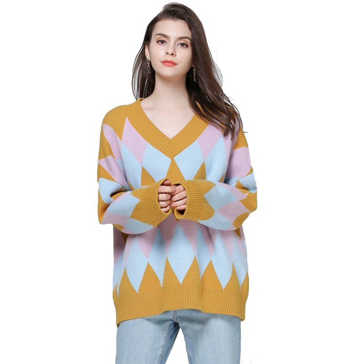 Maglione da donna personalizzato in cotone a maniche lunghe con scollo a V in jacquard lavorato a maglia