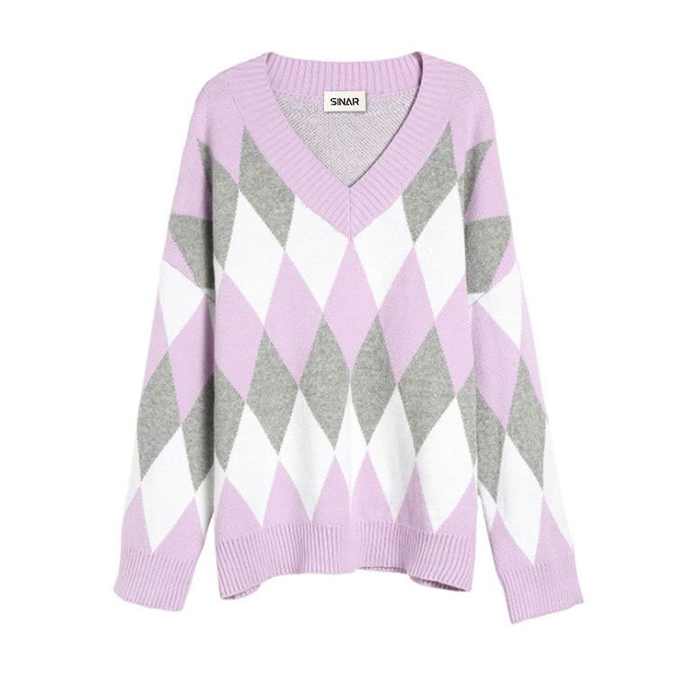 Maglione da donna personalizzato in cotone a maniche lunghe con scollo a V in jacquard lavorato a maglia
