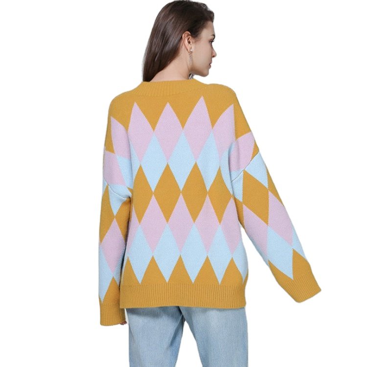 Maglione da donna personalizzato in cotone a maniche lunghe con scollo a V in jacquard lavorato a maglia
