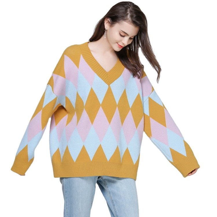 Maglione da donna personalizzato in cotone a maniche lunghe con scollo a V in jacquard lavorato a maglia