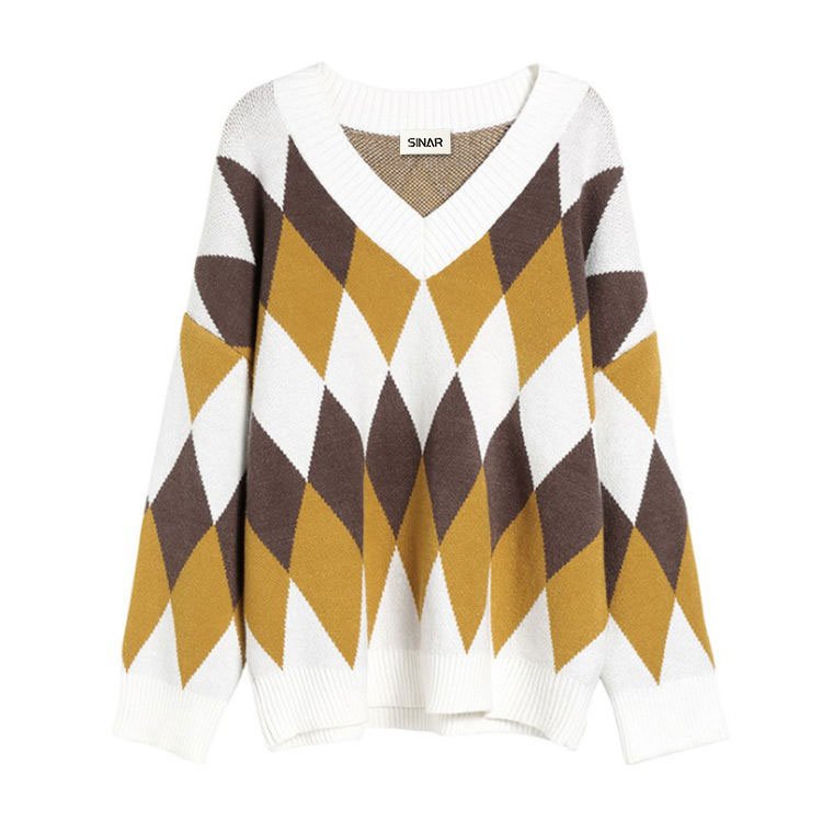 Maglione da donna personalizzato in cotone a maniche lunghe con scollo a V in jacquard lavorato a maglia