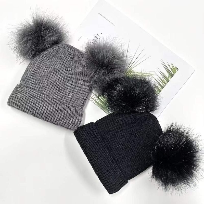 Bonnet en coton épais doublé polaire avec pompon en fausse fourrure, vente en gros