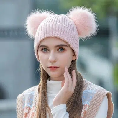 beaniehat4 Wholesale Fleece Lined Thicken Cotton Faux Fur Pom Pom Beanie