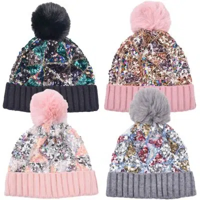 pom,1 Women's Fashion Fur Ball Autumn Winter Sequin Pom Pom Beanie