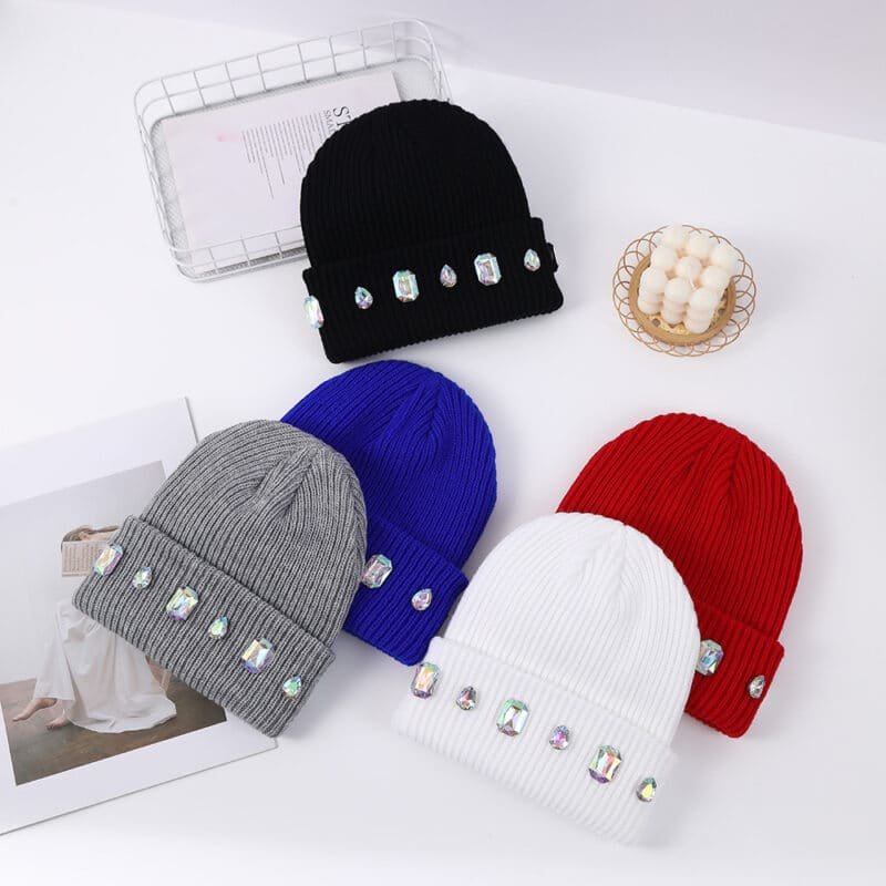 Wholesale Custom Acrylic Beanie with Pearl Chain & Rhinestone – Warm & Stylish