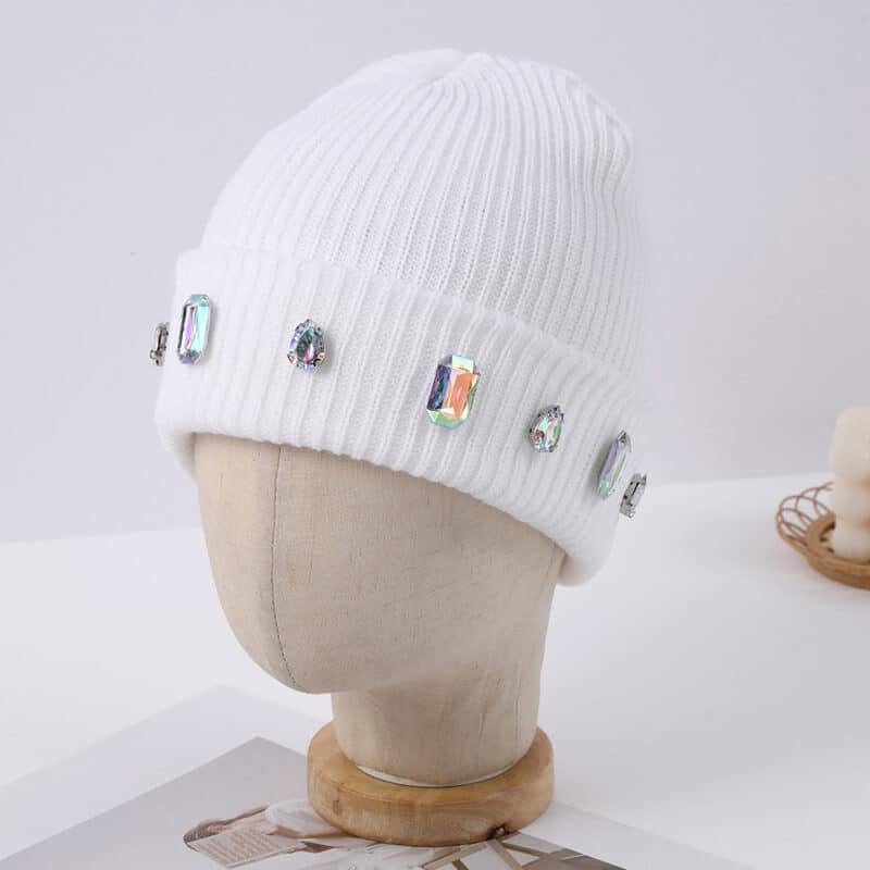 Wholesale Custom Acrylic Beanie with Pearl Chain & Rhinestone – Warm & Stylish