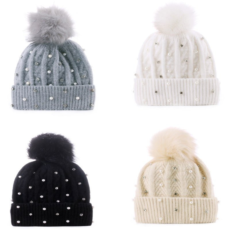 pom Custom Women's Fleece-Lined Knit Beanie with Rhinestones and Pom Pom