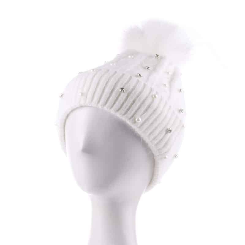pom2 Custom Women's Fleece-Lined Knit Beanie with Rhinestones and Pom Pom