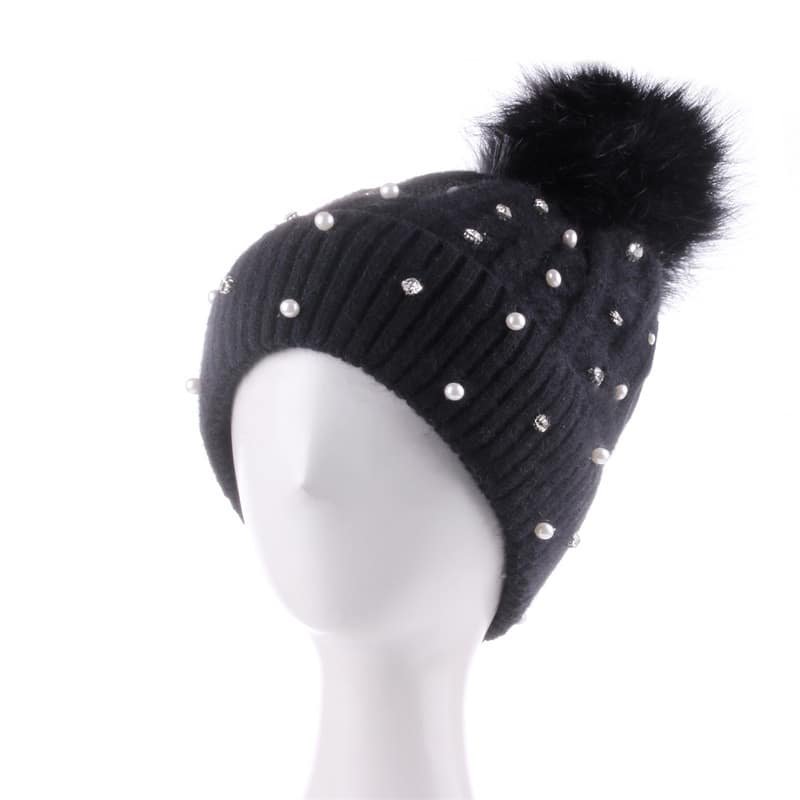 pom3 Custom Women's Fleece-Lined Knit Beanie with Rhinestones and Pom Pom