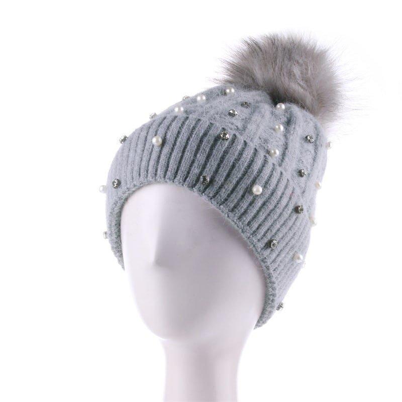 pom4 Custom Women's Fleece-Lined Knit Beanie with Rhinestones and Pom Pom