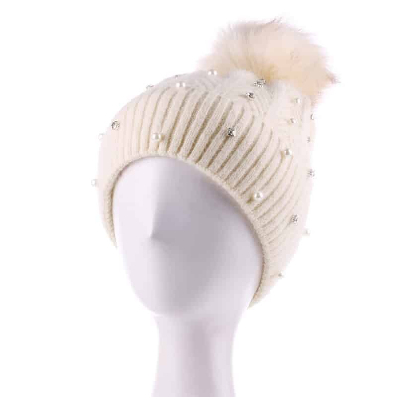 pom5 Custom Women's Fleece-Lined Knit Beanie with Rhinestones and Pom Pom